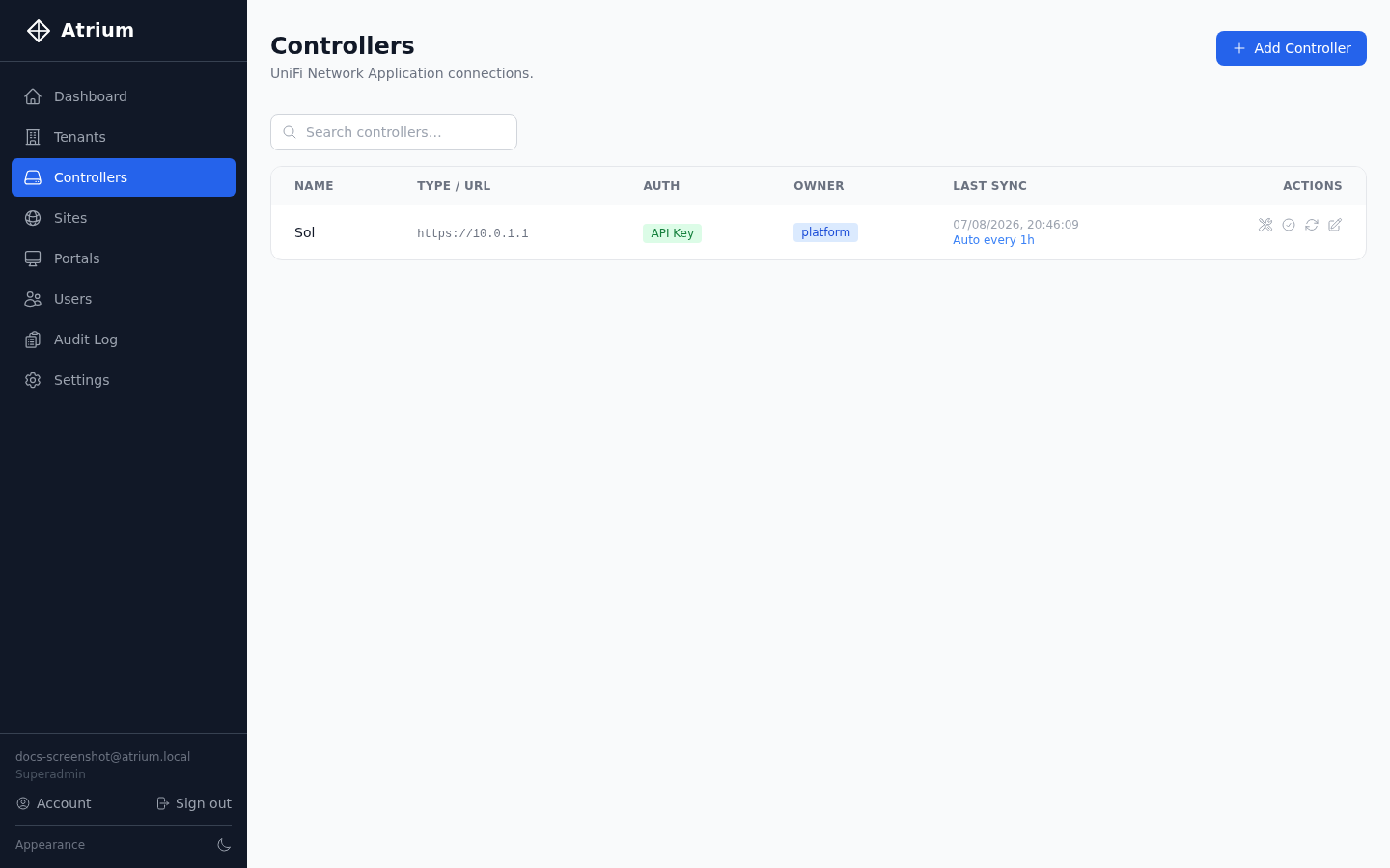 Controllers page showing a connected UniFi controller, its auth mode, owner, and sync schedule