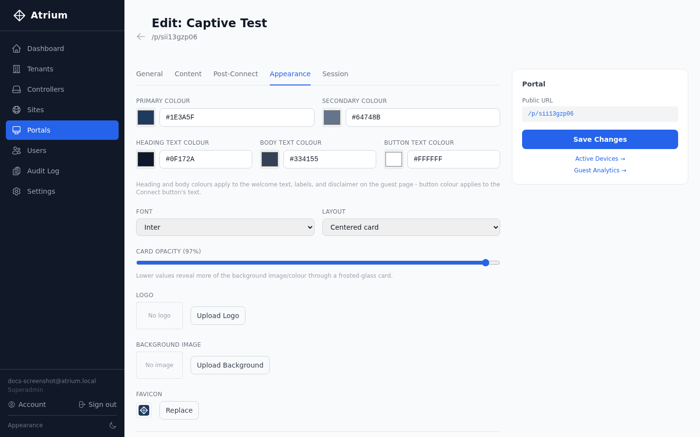 Portal appearance editor showing primary, secondary, heading, body, and button text colors, font, layout, and logo/background/favicon upload