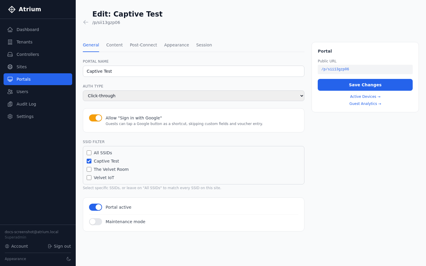 Portal editor General tab with the "Allow Sign in with Google" toggle enabled
