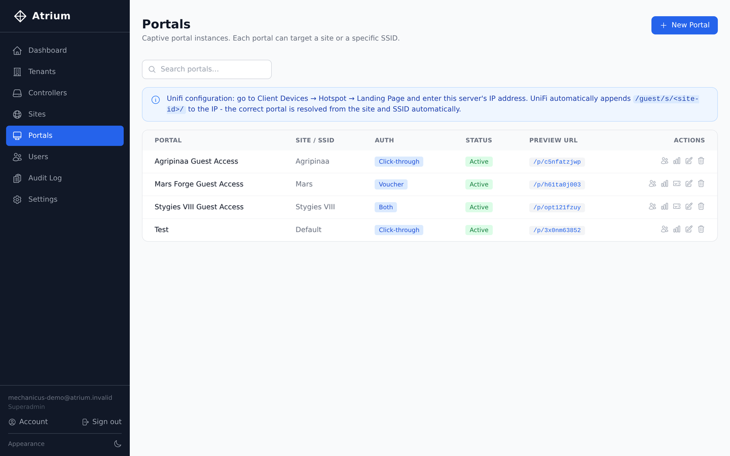 Portals list page showing configured portals, their site, auth type, and status
