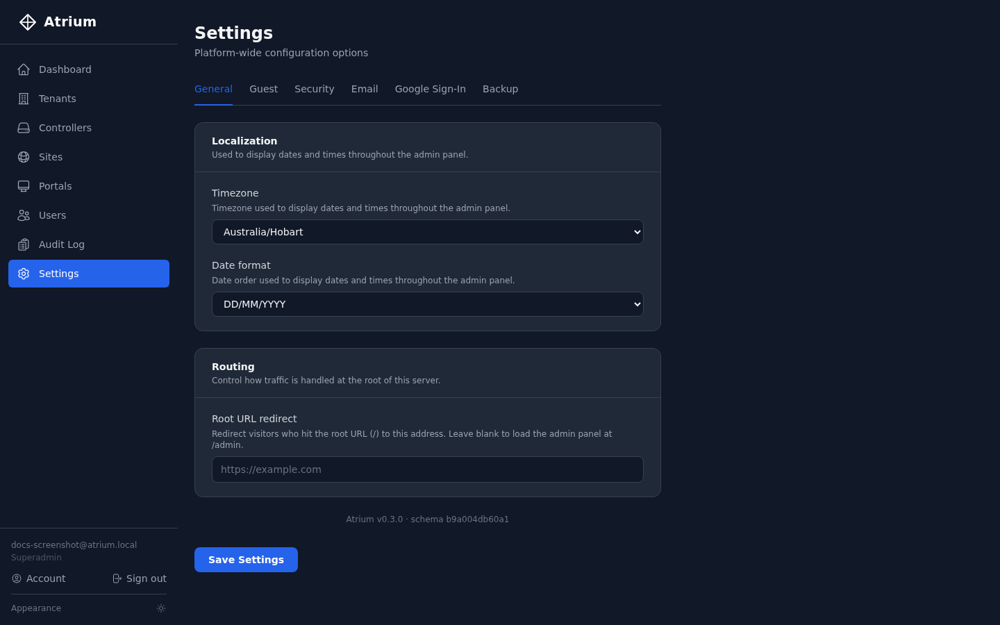 Settings page in dark mode showing timezone, date format, and routing configuration