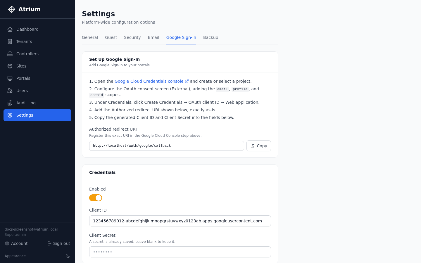Settings page with Google Sign-In setup instructions, redirect URI, and credential fields