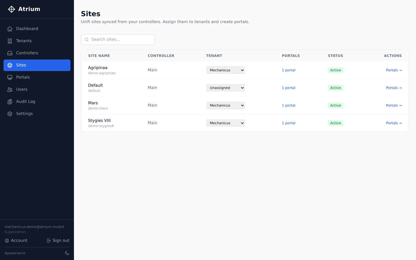 Sites page showing multiple UniFi sites across different tenants, each assignable and each with their own portals