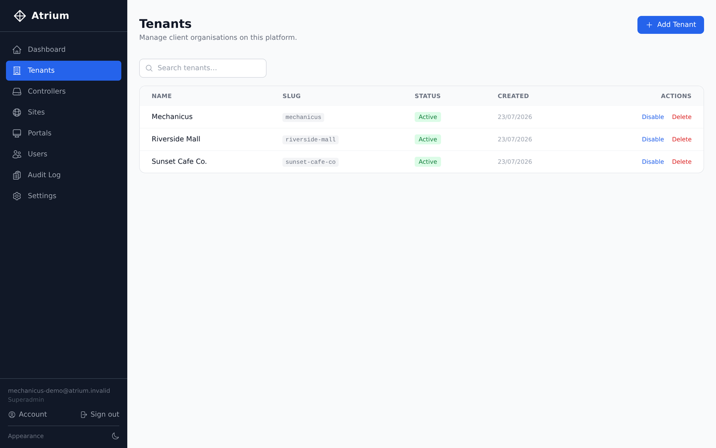 Tenants page showing multiple client organisations managed under one Atrium install