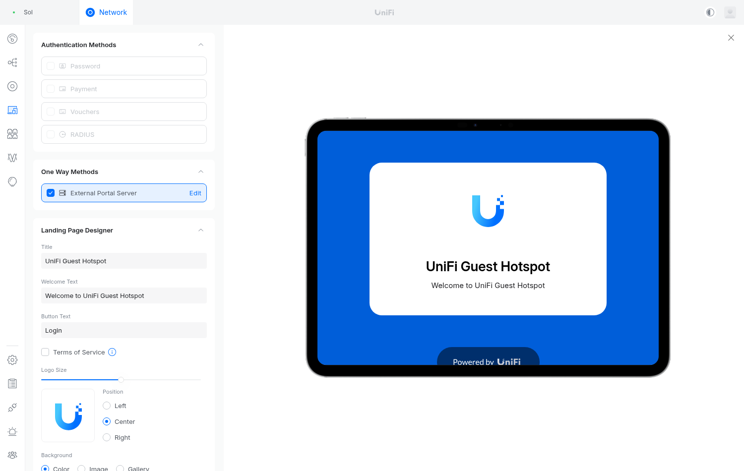 UniFi Landing Page settings with External Portal Server enabled under One Way Methods