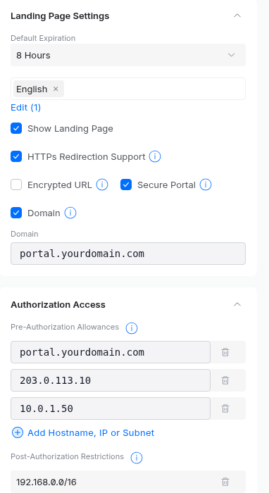 UniFi Landing Page Settings and Authorization Access, showing Default Expiration, HTTPS/Secure Portal/Domain toggles, and the Pre-Authorization Allowances list
