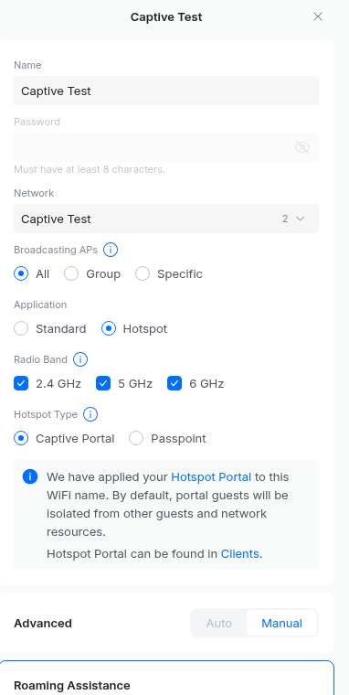 UniFi WiFi network settings with Application set to Hotspot and Hotspot Type set to Captive Portal